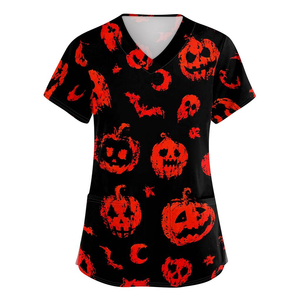 Women V Neck Halloween Print Short Sleeve Medical Scrub Top with Pocket Side Slit Design Comfortable Fit Workwear