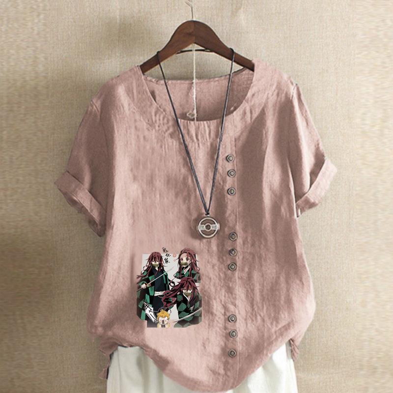 Damnytt mode linneskjorta rund hals kortärmad tecknade figurer tryckt t-shirt sommar damer vardaglig plusstorlek blus toppar