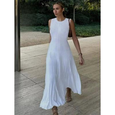 Sleeveless Pleat Knit Dress Round Neck A-line Pit Strip Slim Long Dress Sundress Solid Color Casual Women Summer Dresses