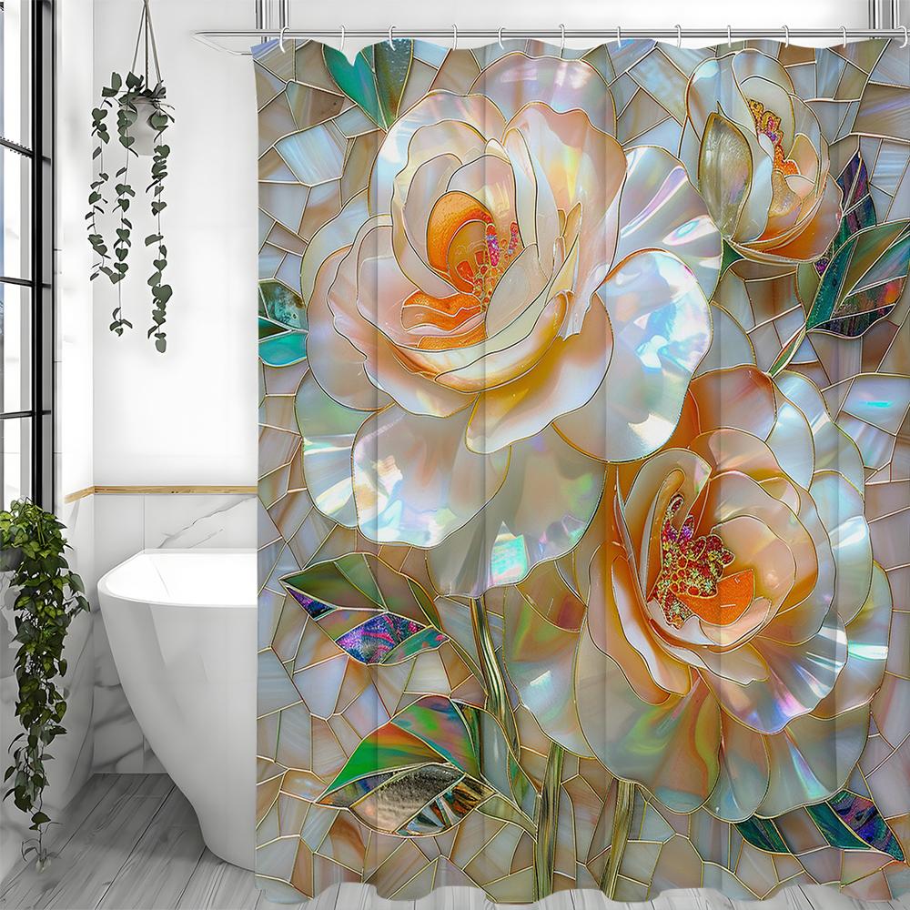 Rose Blume Kreative Kunst Duschvorhang, Badezimmer Dekorativer Duschvorhang, Wasserdichter Duschvorhang mit Haken
