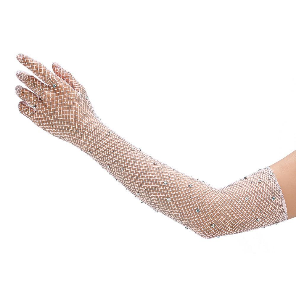 New Mesh Long Mittens Party Dress Cosplay Fishnet Gloves Glitter Rhinestone Punk Hip Hop Performance Gloves Gift