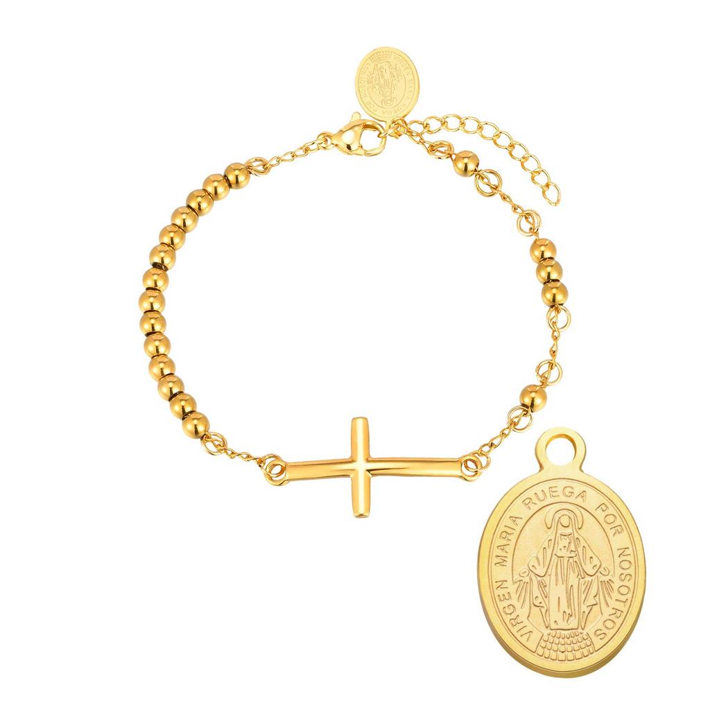 Women's Rosary Cross Virgin Mary Bracelet,Stainless Steel Vintage Charm Beaded Bracelets,Religious Prayer Jewelry Gifts