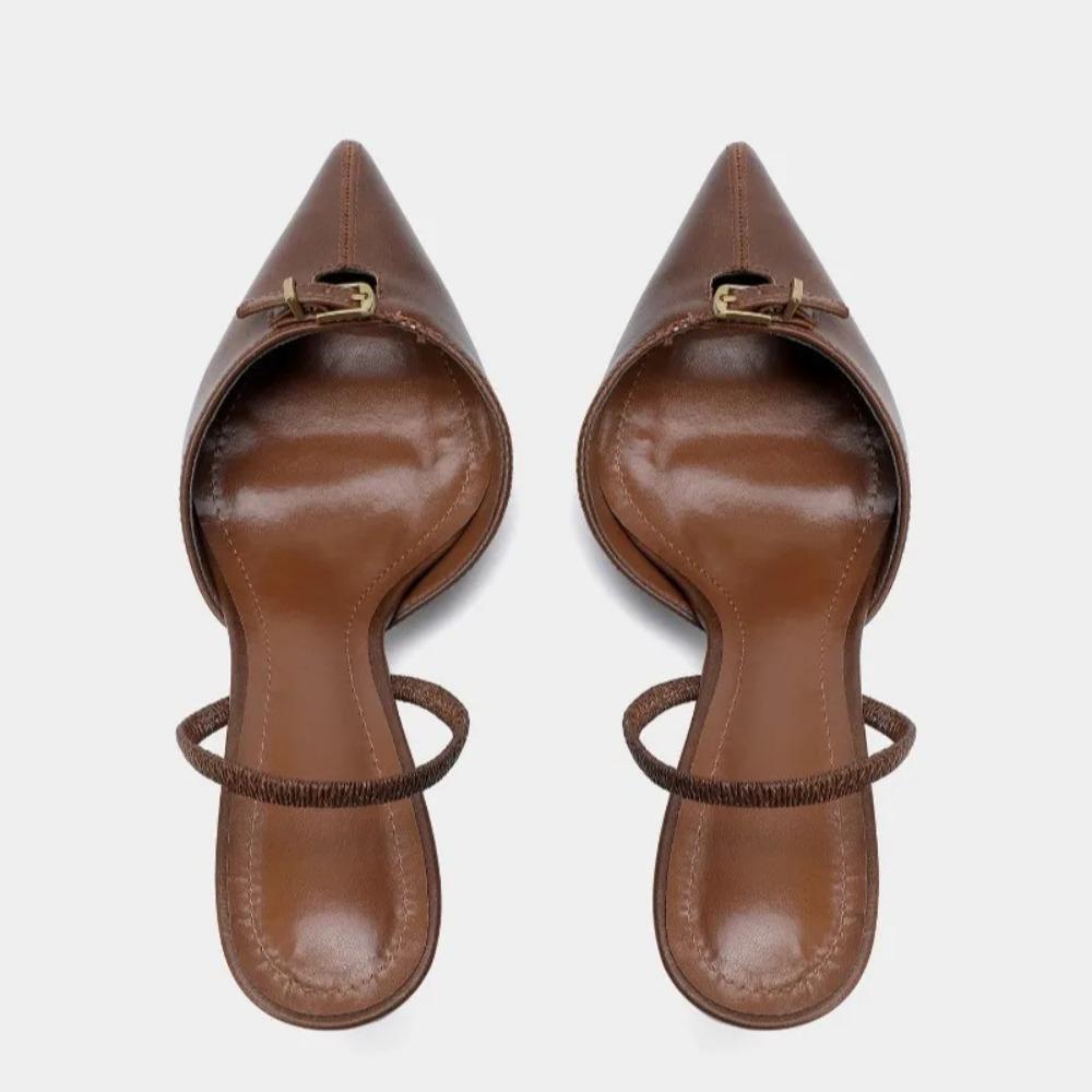 Vintage Brown Slingback Heels for Women Fashion Pointy Toe Metal Buckle Decorated Stiletto Sandals Luxury Party Designer Shoes