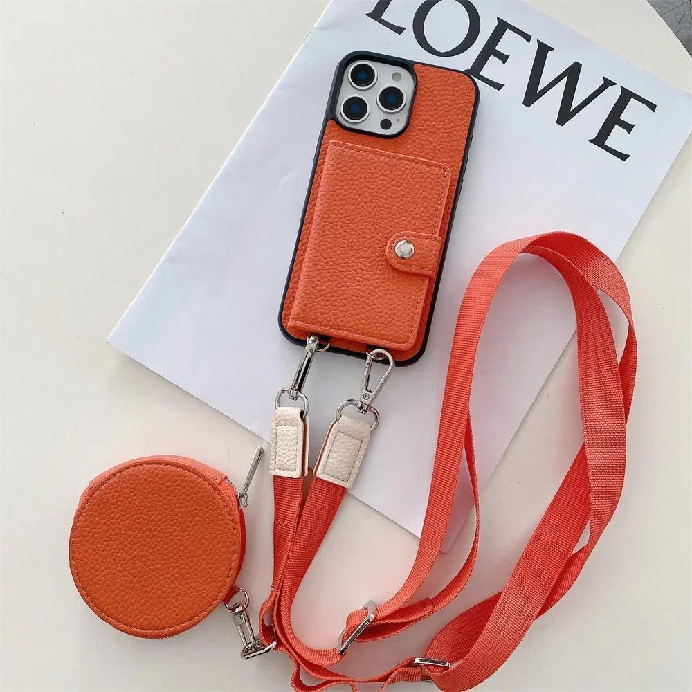 

Crossbody Card Slot Coin Purse Long Lanyard Wallet Case for iPhone 16 Pro Max 15 Plus 14 13 12 11 Leather Zipper Bag Phone Cover iPhone 15 Pro Max помаранчевий