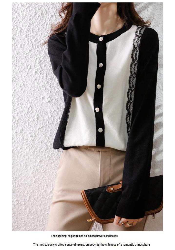 Women's Color Block Cashmere Knit Cardigan - Autumn/Winter Round Neck Lace Sweater Coat