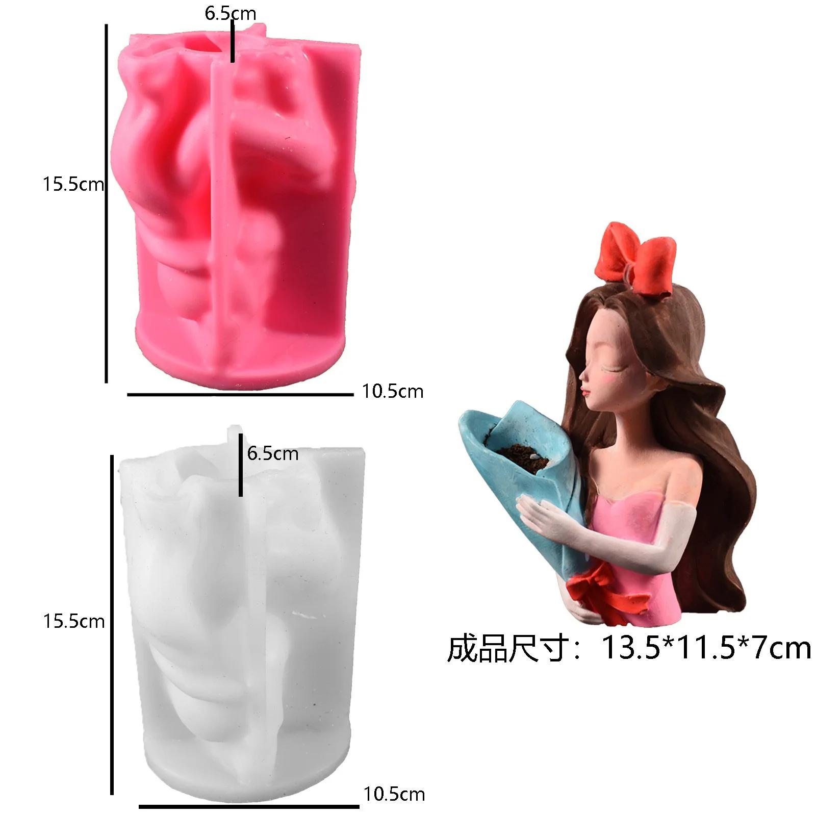Top Quality 1Pc Bow Girl Flower Pot Silicone Mold DIY Lady Portrait Holding Flowers Resin Home Decoration Handmade Plaster Mold