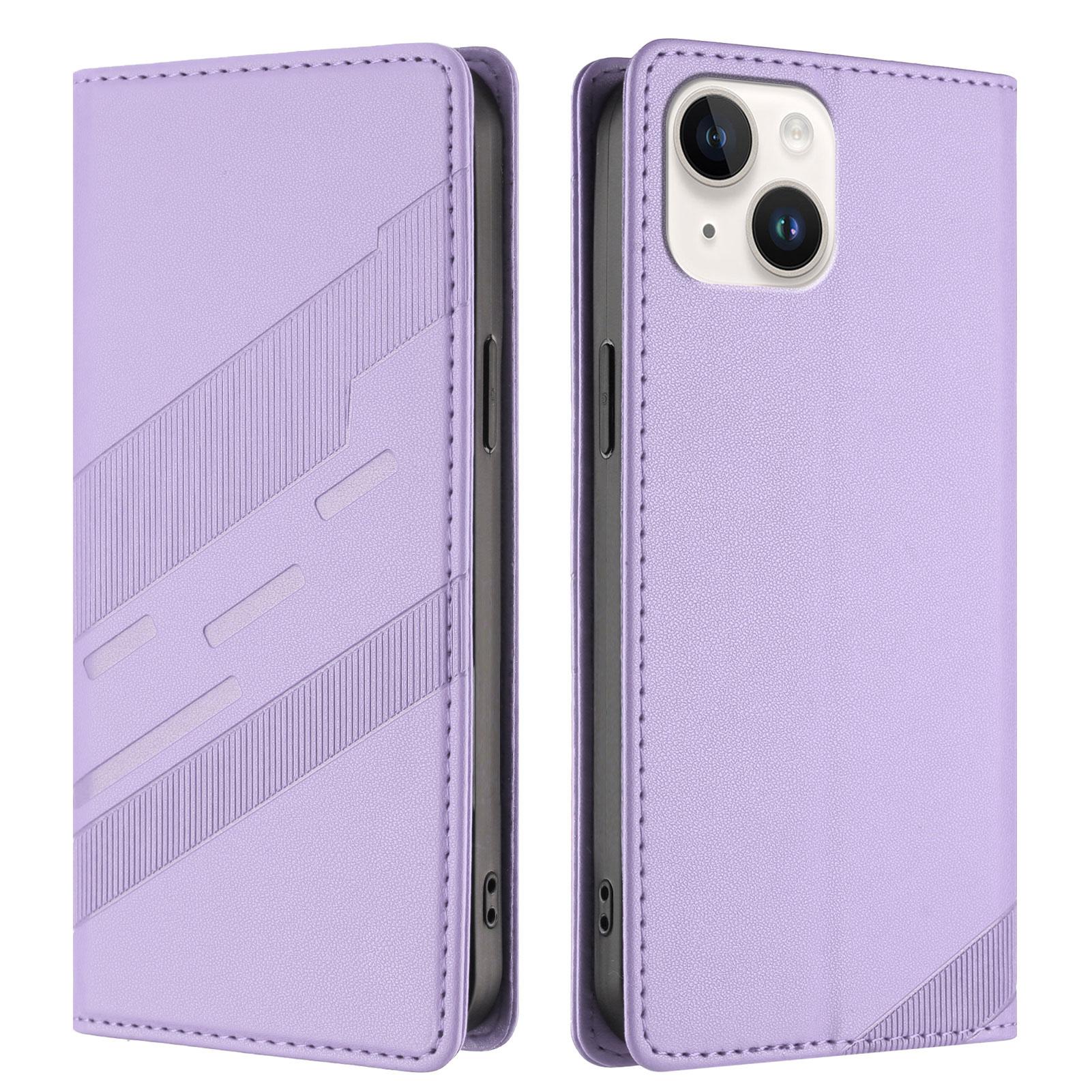 

For iPhone 15 Phone Cases Punk Style Imprinted Wallet Stand Leather Cover Light Purple