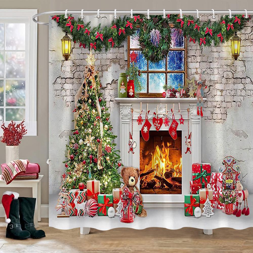 Weihnachten Hintergrund Duschvorhang Feiertagsgeschenke Kamin Weihnachtsbaum Girlande Stoff Badvorhänge Badezimmerdeko mit Haken