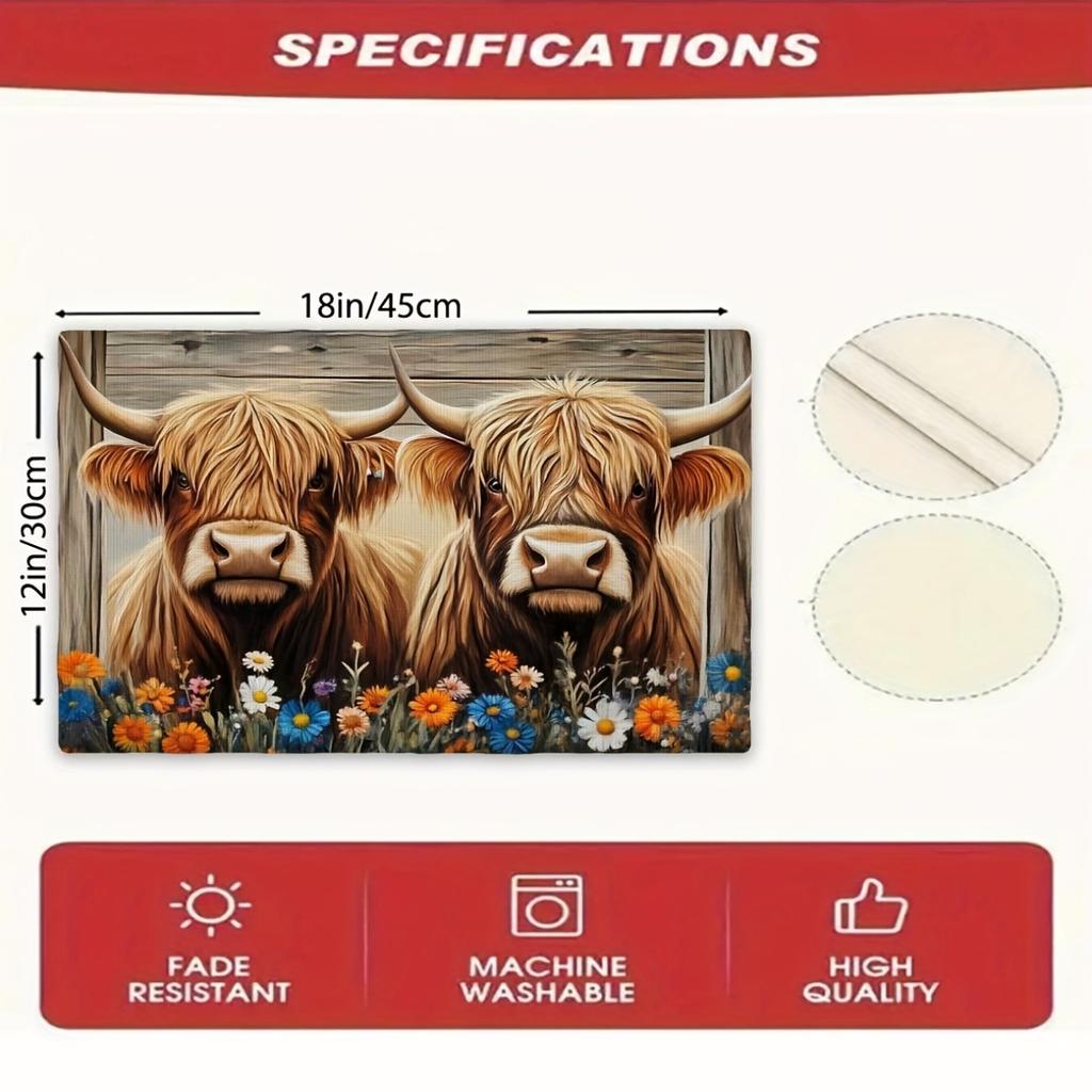 4pcs/6pcs Highland Cow Farmhouse Floral Pattern Placemats, Suitable for Kitchen And Dining Room Decor, Home Decoration, Scene Decoration, Seasonal