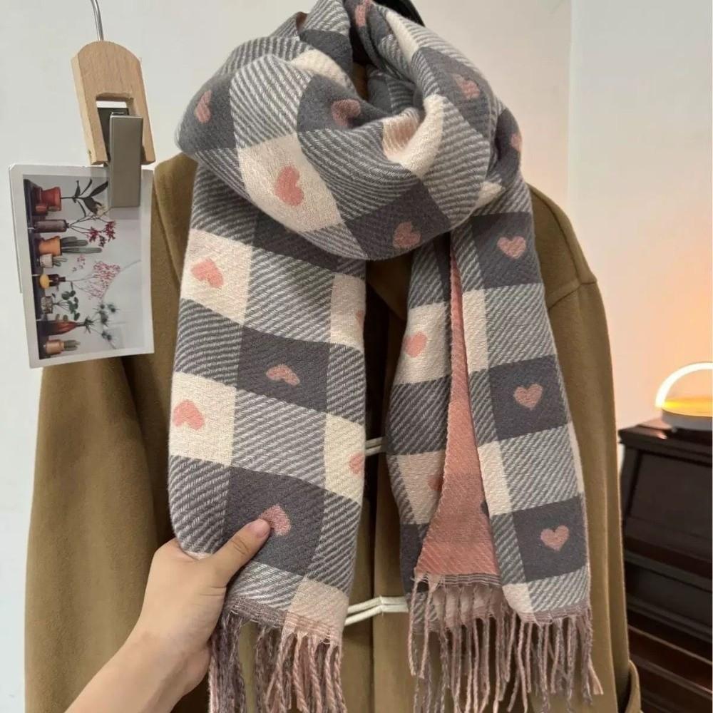 Coldproof Knitted Scarf Love Heart Plaid Tassel Neckerchief New Imitation Cashmere Shawl  Women