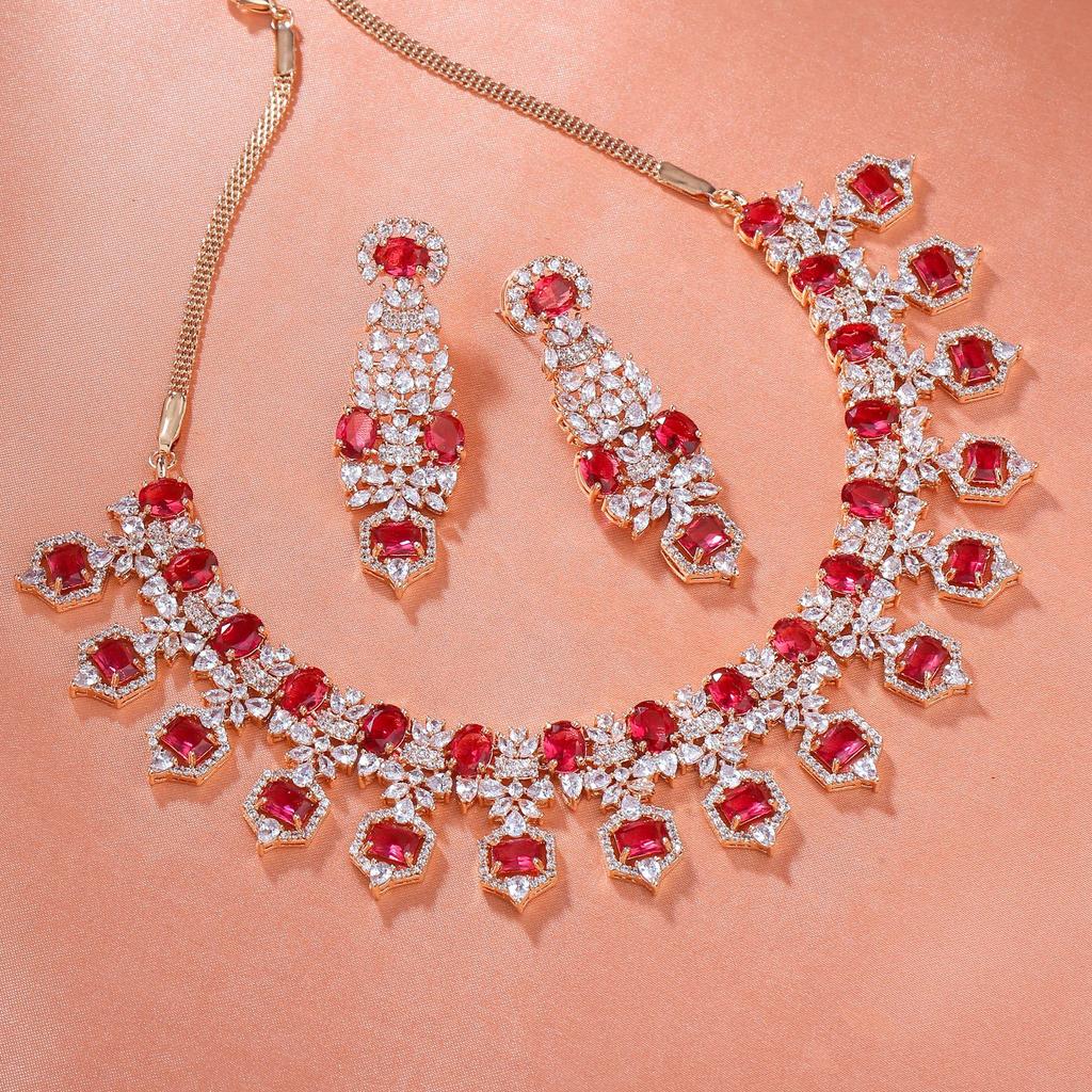 Комплект великолепного дизайнерского ожерелья Estele с покрытием из розового золота и рубиновыми кристаллами для женщин