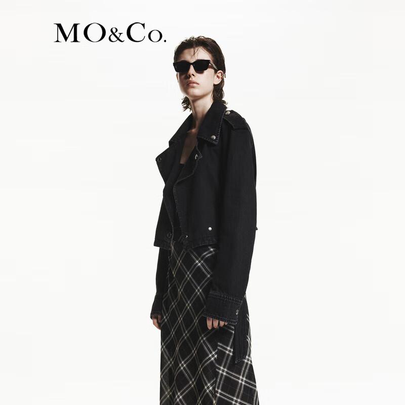 MO&Co. Women's Biker Lapel Short Denim Jacket with Belt