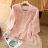 Retro Button Cotton and Linen Shirt Women's Summer New Temperament Embroidered Cotton and Linen Top Medium Sleeve Tea Clothes Shirt