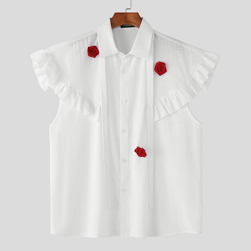 

INCERUN Oversized Men Lapel Ruffled Short Sleeve Floral Buttons Up Casual Shirts 4XL белый