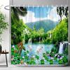 Waldwasserfall Duschvorhang Außen Naturlandschaft Üppige Wälder Grüne Pflanzen Blumig Polyester Duschvorhänge Badezimmer Dekoration
