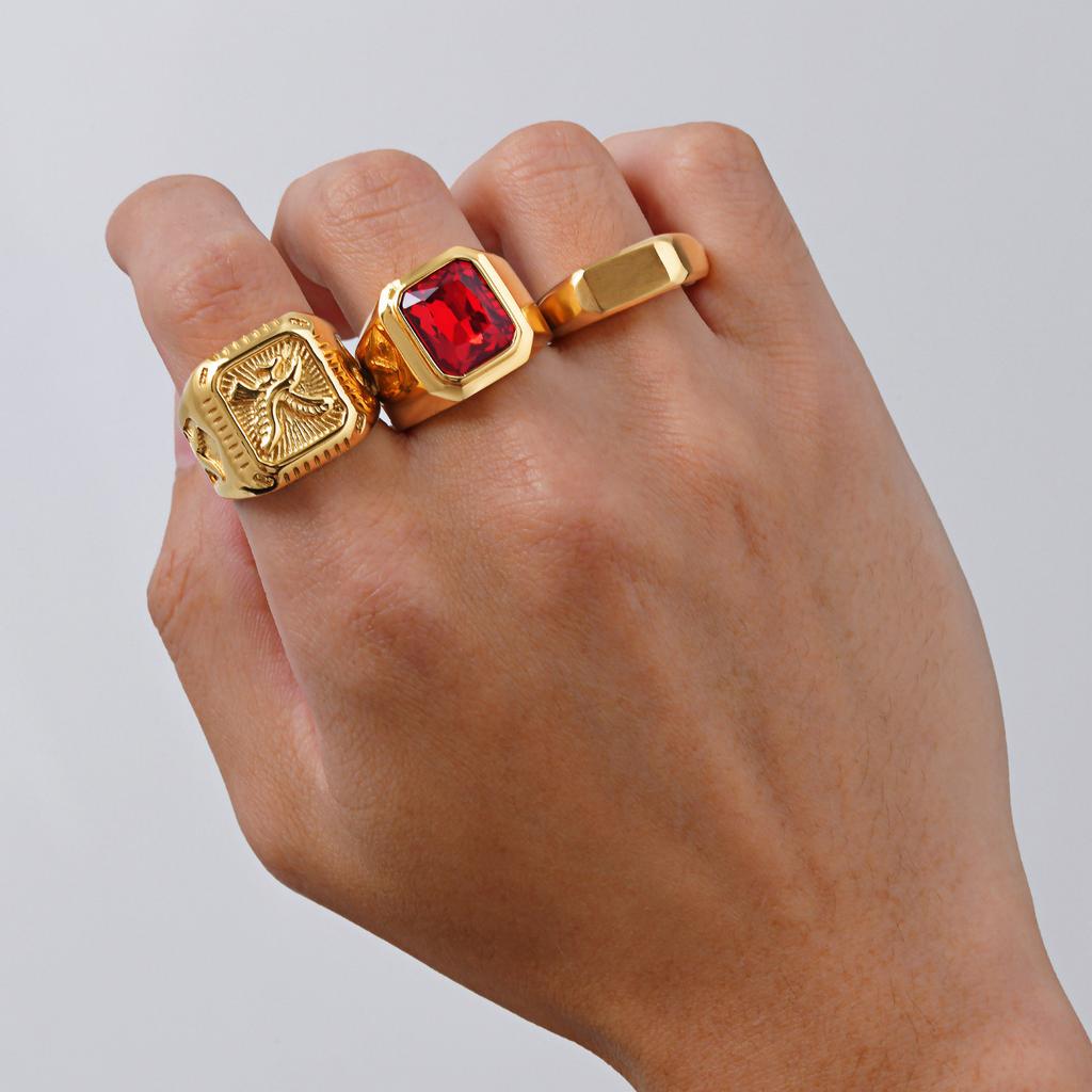 Vnox Punk Red CZ Stone Ring for Men, Gold Plated Stainless Steel Finger Band, Gothic Rock Square Metal Round Ring Jewelry Gifts
