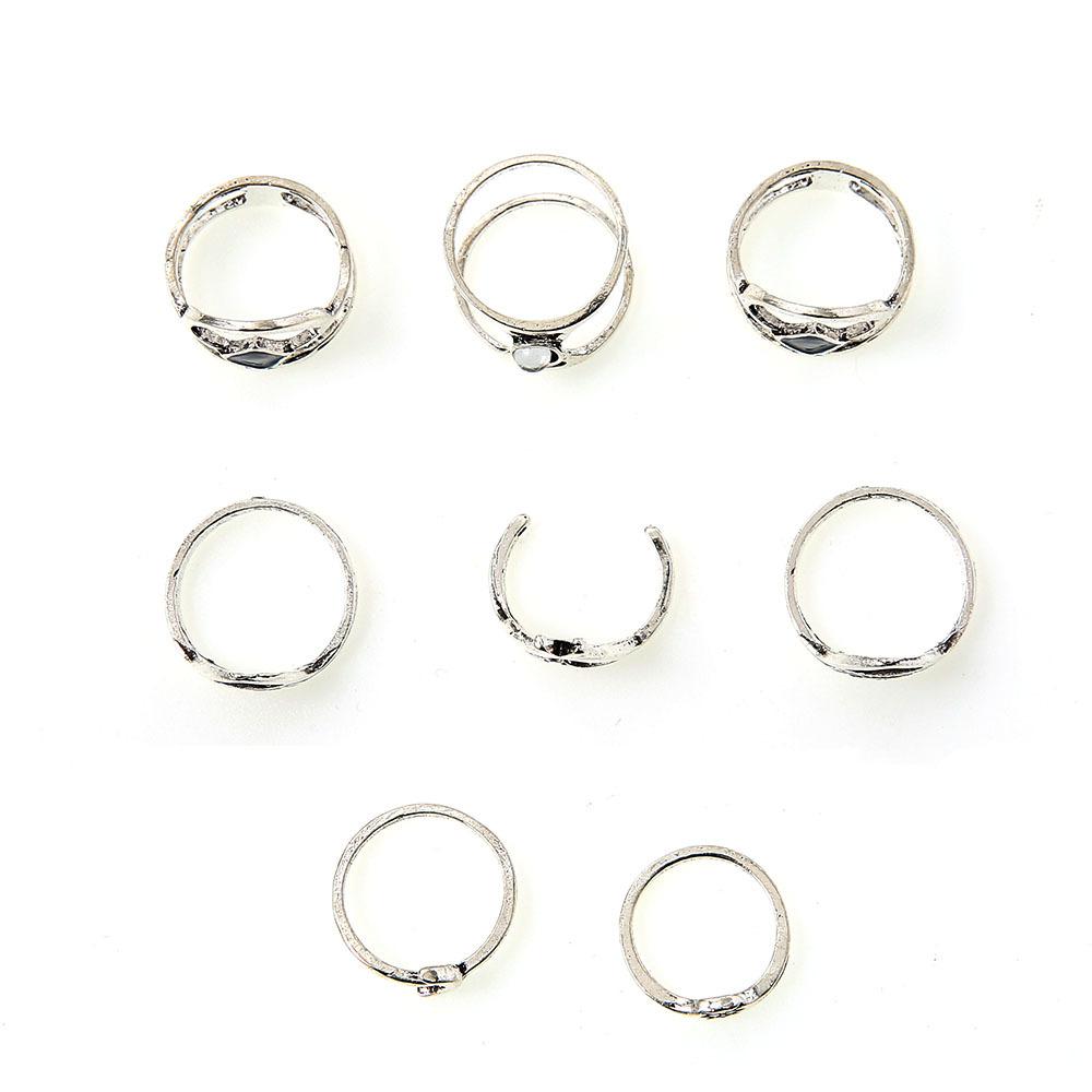 Vintage Bohemian Ancient Silver Moon Drip Oil Rhombus Cross Double Layer Ring Totem 8-Piece Ring Set