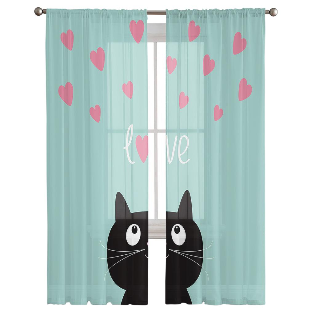 Cat Love Letters Sheer Curtain For Bedroom Tulle Voile Curtain For Kitchen Living Room Decor Window Treatment