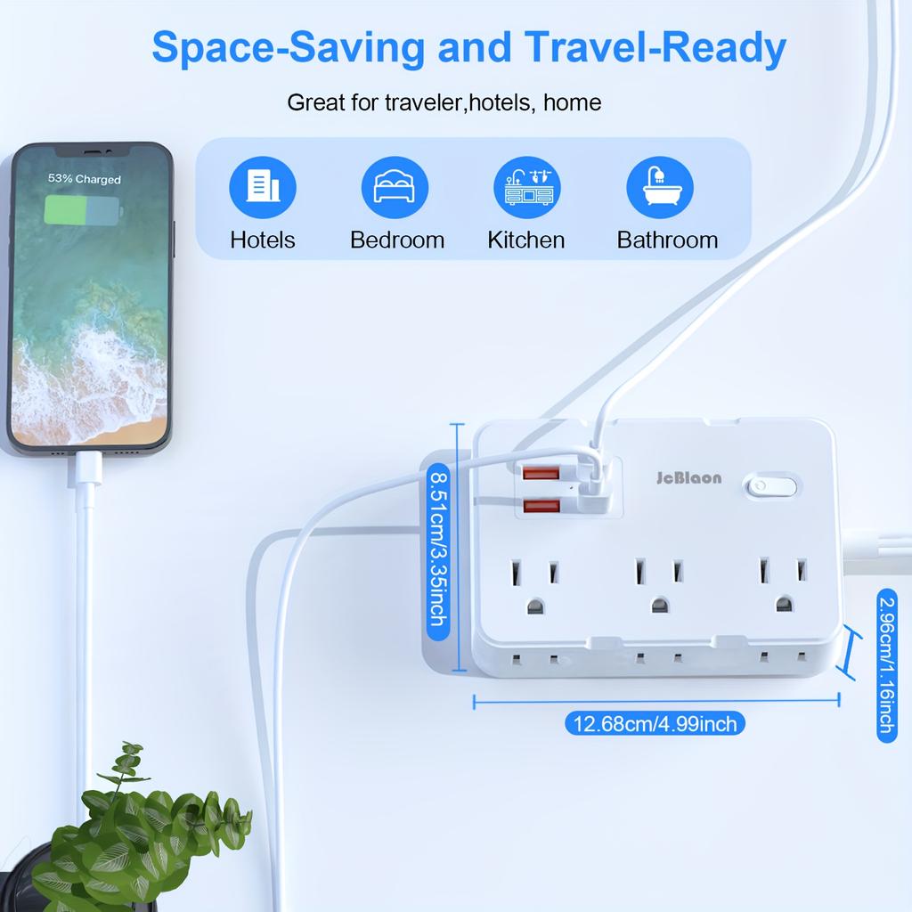 Surge Protector with 6 Widely Outlets Extender 4 USB Ports, 5ft Power Strip Ultra Thin Flat Plug, Power Adapter for Home Office