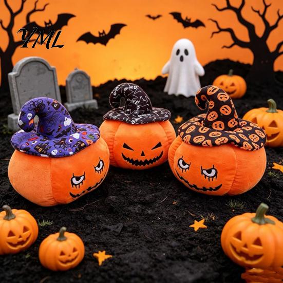 Creative Halloween Holiday Gift Pumpkin Plush Toy, Cute Wizard Hat Stuffed Animal Pillow for Smiling Plushie Sofa Bed, Spooky Home Decor Ornament