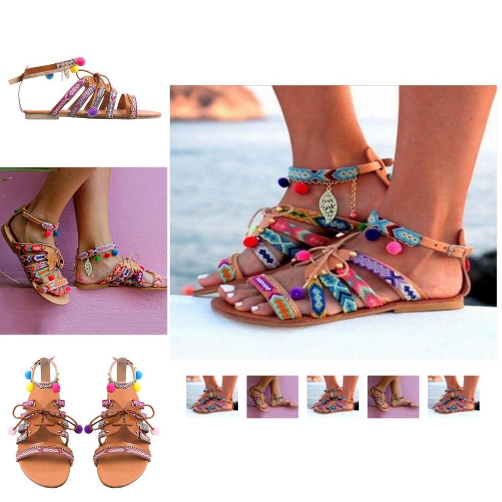 Elegantní Dámské Boho Sandály Gladiator Kožené Ploché Boty S Barevnými Pompony