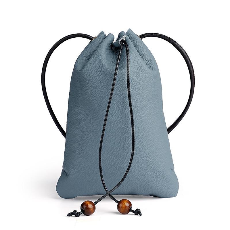 New Genuine Leather Drawstring Shoulder Bag with Earphone and Cable Storage - Korean Style Cowhide Messenger Bag