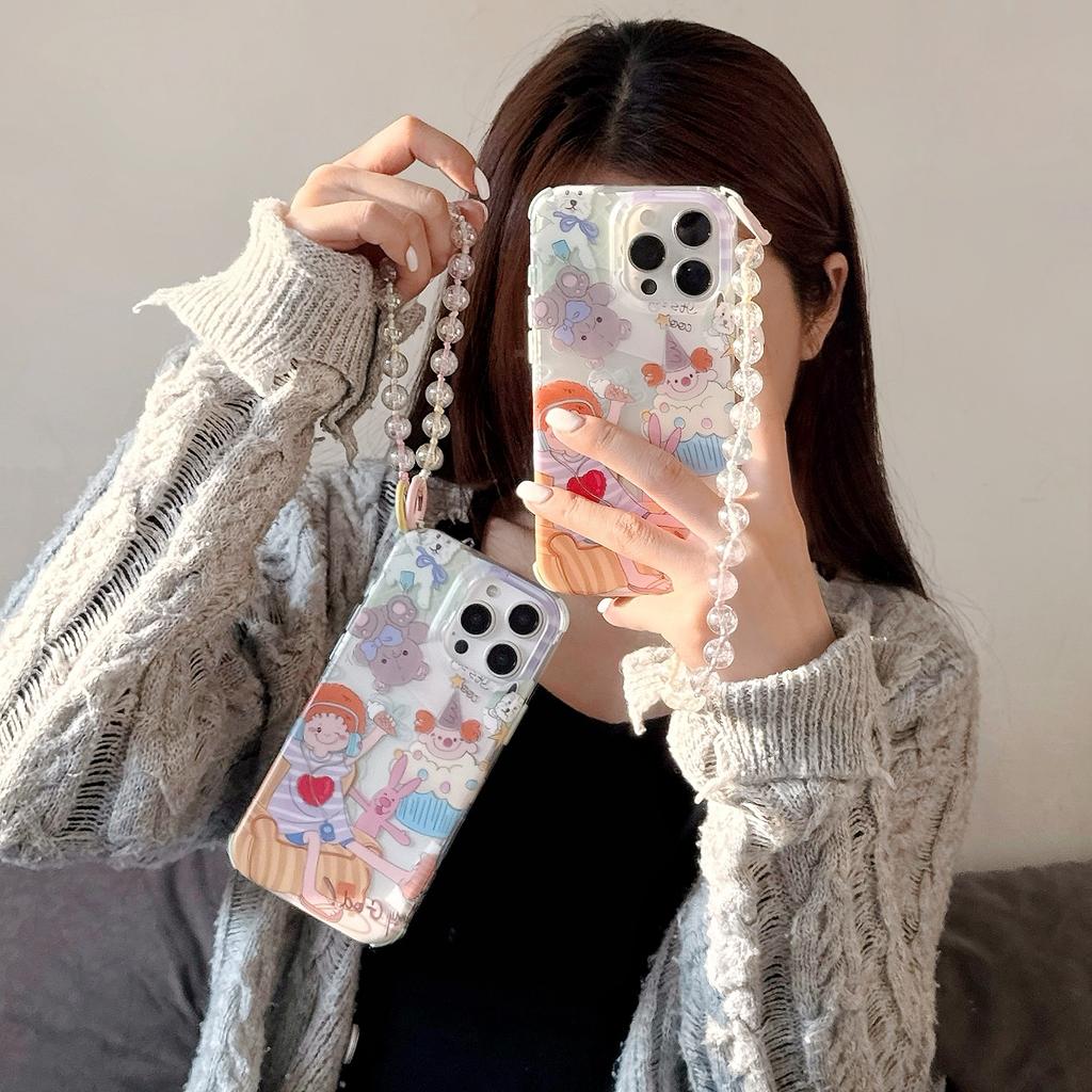For iPhone 15 Pro Case IMD Cute Music Girl TPU Phone Cover with Beaded Strap