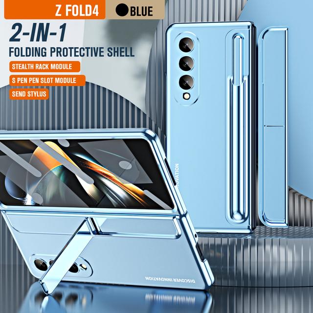 With S Pen Plating Kickstand Armor Case For Samsung Galaxy Z Fold 4 360 Full Screen Protector Shockproof Phone Cover Z Fold 3 5G