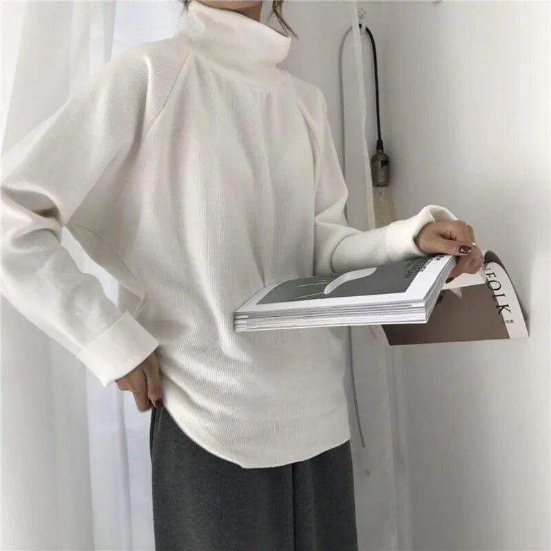 Rollkragenpullover für Damen, warm, dünn, lockerer Strick, weißer Pullover, gestrickt, Basic-Oberteil, zieht kintwear Frühling und Herbst