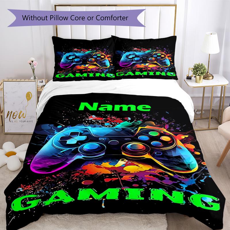 3pcs Custom Name Game Controller Bedding Set Duvet Cover Closure Includes 1 Duvet Cover & 2 Pillowcases, Soft and Comfortable for All Seasons.