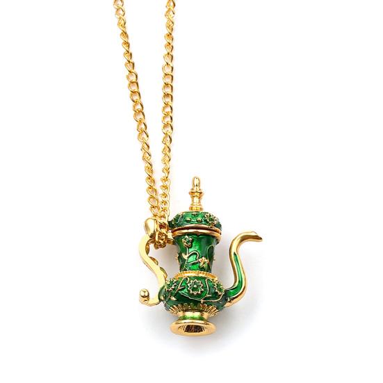 Vintage Enamel Green Teapot Pendant Long Chain Women Sweater Necklace Jewelry