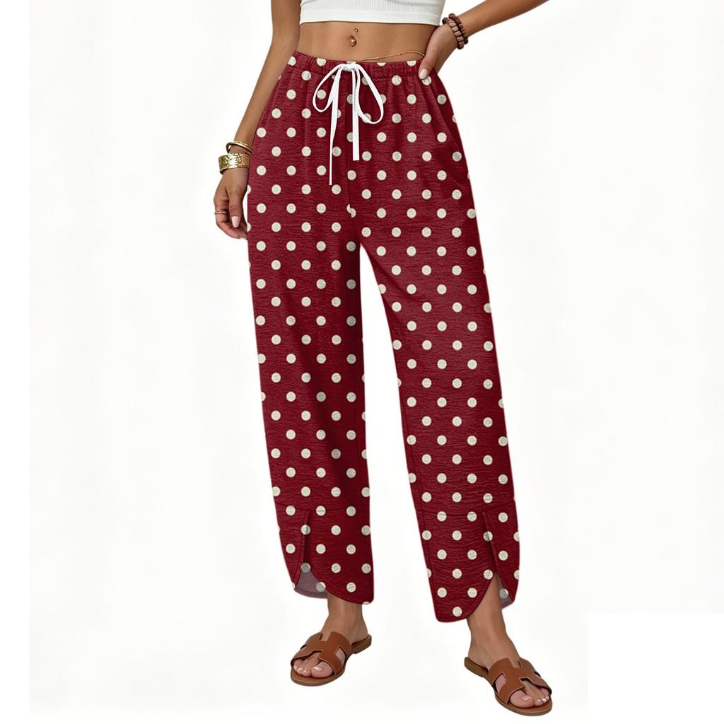 Damen Lässige Weite Hosen Lockerer Sitz Gerader Schnitt Knopfdetail Bedrucktes Muster Kordelzug Taille Lange Hosen