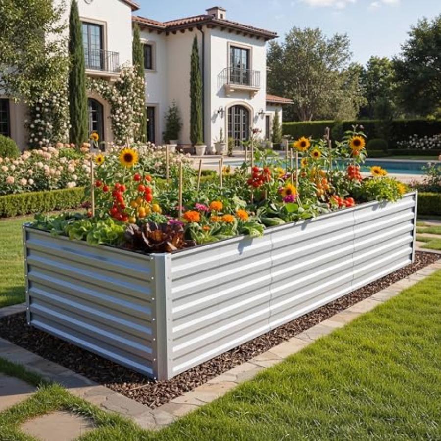 8x4x2ft Large Raised Garden Bed Kit Galvanized Metal Planter Box with Gloves Ground Nails Support Rod Safety Rubber Outdoor Abo