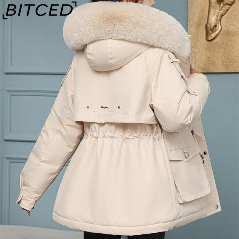 BITCED Women's Fleece-Lined Thickened Puffer Coat - Short Winter Style with Large Fur Collar, Slim-Fit and Flattering Cotton-Blend Outerwear