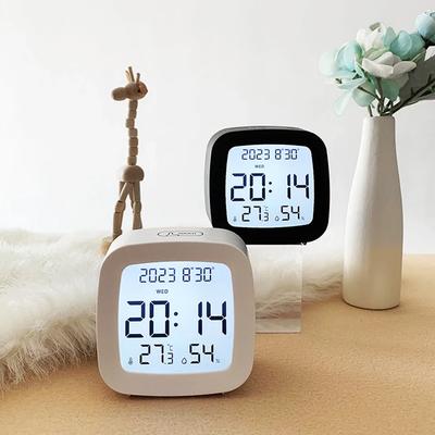 Mini Despertador Digital Temperatura Umidade Calendário Semana Luz de Fundo Alimentado por Bateria Relógio Eletrônico 12/24H Relógio de Cabeceira LED