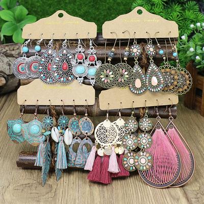 Ensemble Combiné Boucles d'Oreilles Boho Colorées pour Femmes Design Pompon/Coquillage/Turquoise Forme Géométrique Grandes Gouttes d'Eau Décorations de Fête Cadeaux