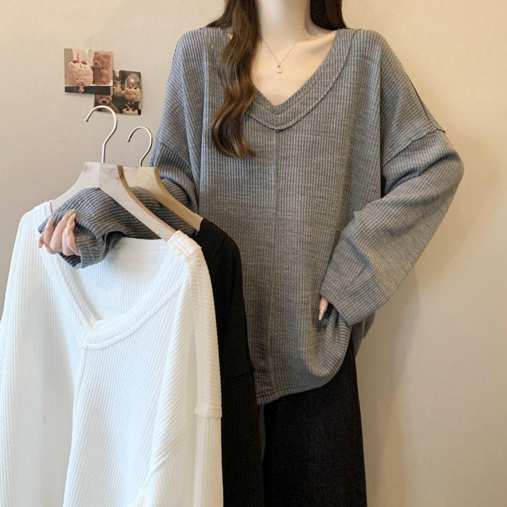 Ribbed V-Neck Long-Sleeve Women's Loose T-Shirt, 2025 Autumn Collection