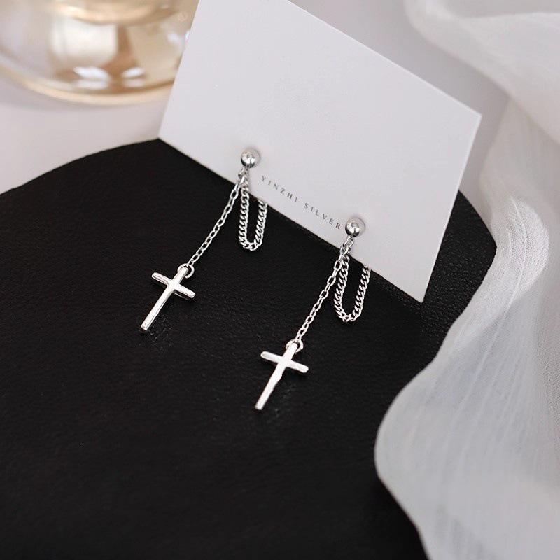 Niche Design 925 Sterling Silver Cross Tassel Stud Earrings - Trendy High-End Cool Style for Women