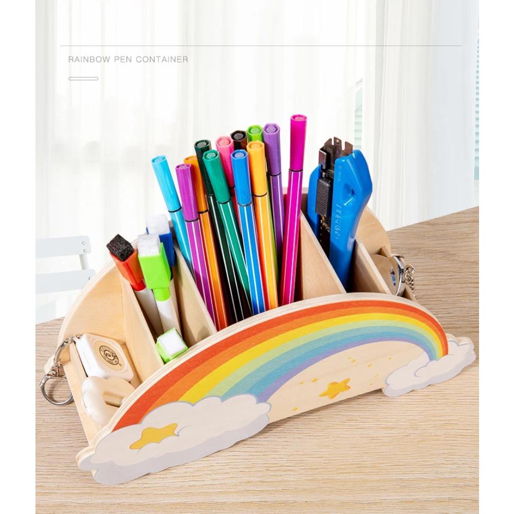 Lovely Wooden Rainbow Pen Container Multi-Compartment Pencil Case Desktop Stationery Organizer for School Office Gifts for Kids
