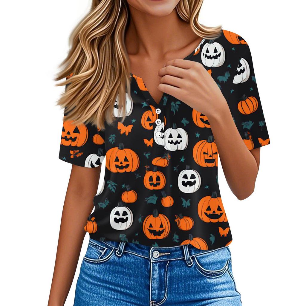 Women's T Shirt Tee Halloween Printed Button Short Sleeve Tunic Daily Weekend Fashion Basic V- Neck Regular Top