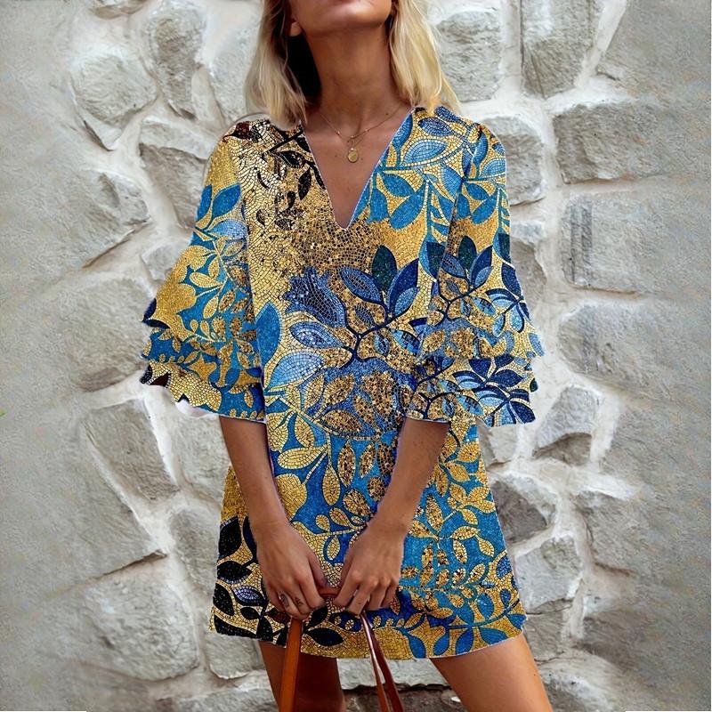 QICED Spring and Summer Women's Casual Striped Printed Loose Midi Pullover Dresses