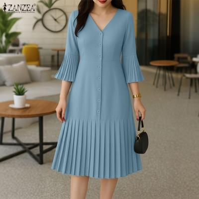 Women Casual V-Neck Solid Color 3/4 Sleeve Pleated Dress