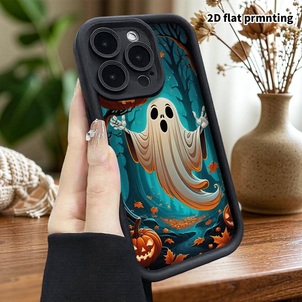 Phone Case: 2D Flat Design Suitable for iPhone 18 17 16 15 14 13 Pro Stepped Protective Case, Forest Quirky Ghost, Halloween Gift
