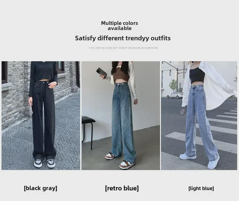High-Waisted Black & Gray Wide-Leg Jeans - Adjustable Multi-Button Design, Loose Pear Shape, Floor Length for Women