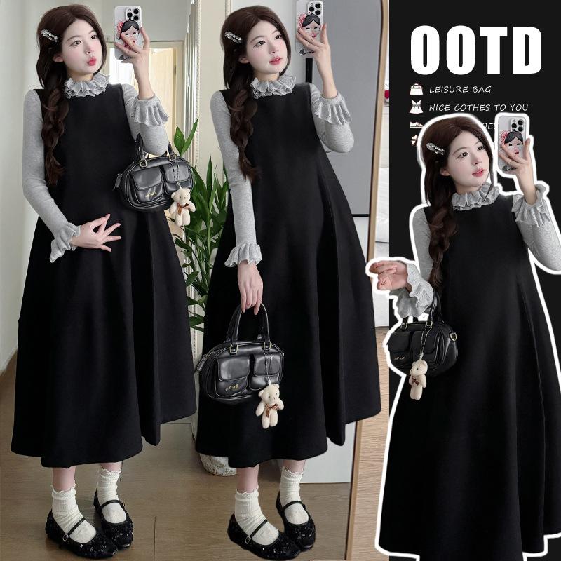 

French-Inspired Top with Wood Ear Trim & Layered Korean Wool Blend Pinafore Dress Large