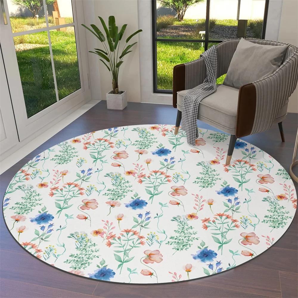Watercolor Flower Round Rug Non-slip Floral Carpet for Living Room Bedroom Kitchen Decor Circle Doormat