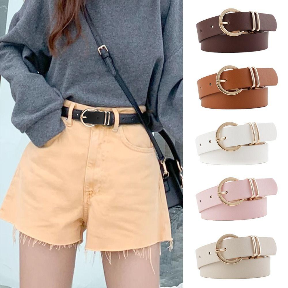 Gold Round Button Women's Belt PU Leather Leather Belt Vintage Waistband Belts Pants