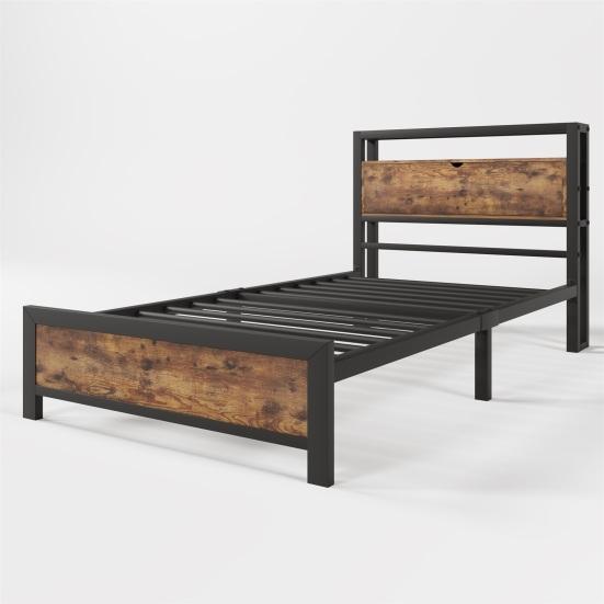 Platform Bed Metal with Storage Headboard Strong Load Bearing Adult Single Slats Frames Home Furniture Space Head