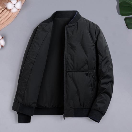 Men Cotton Coat Solid Color Stand Collar Long Sleeve Casual Baseball Style Coat