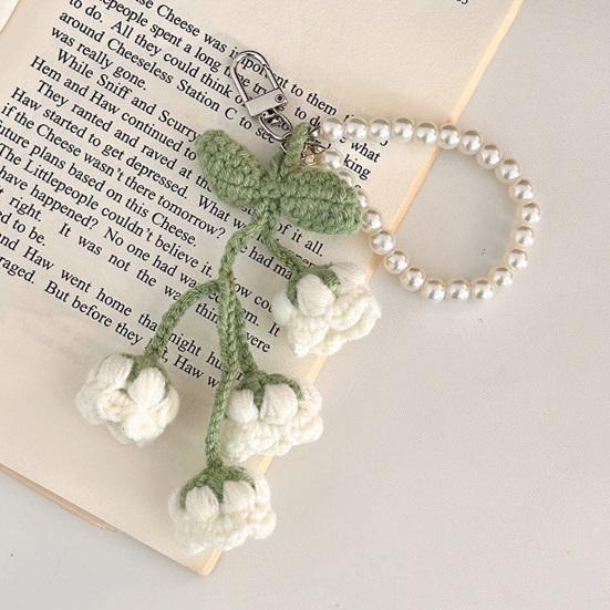 Crochet Flower Keychain Handmade Flower Fruit Bag Charm Cute Keychain Pendant with Faux Pearl Chain Accessory for Girls Women Keys Backpack